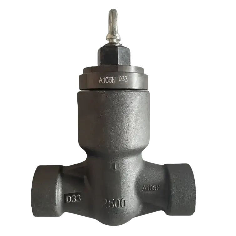 A lift-type non-return valve that allows forward flow and automatically prevents backflow by means of a vertically moving disc.